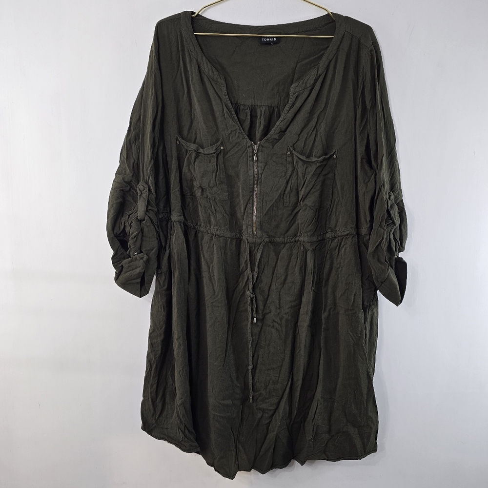 Torrid Mini Studio Shirtdress Shirt Dress Cargo Roll Tab Sleeve Olive Drab Sz 3